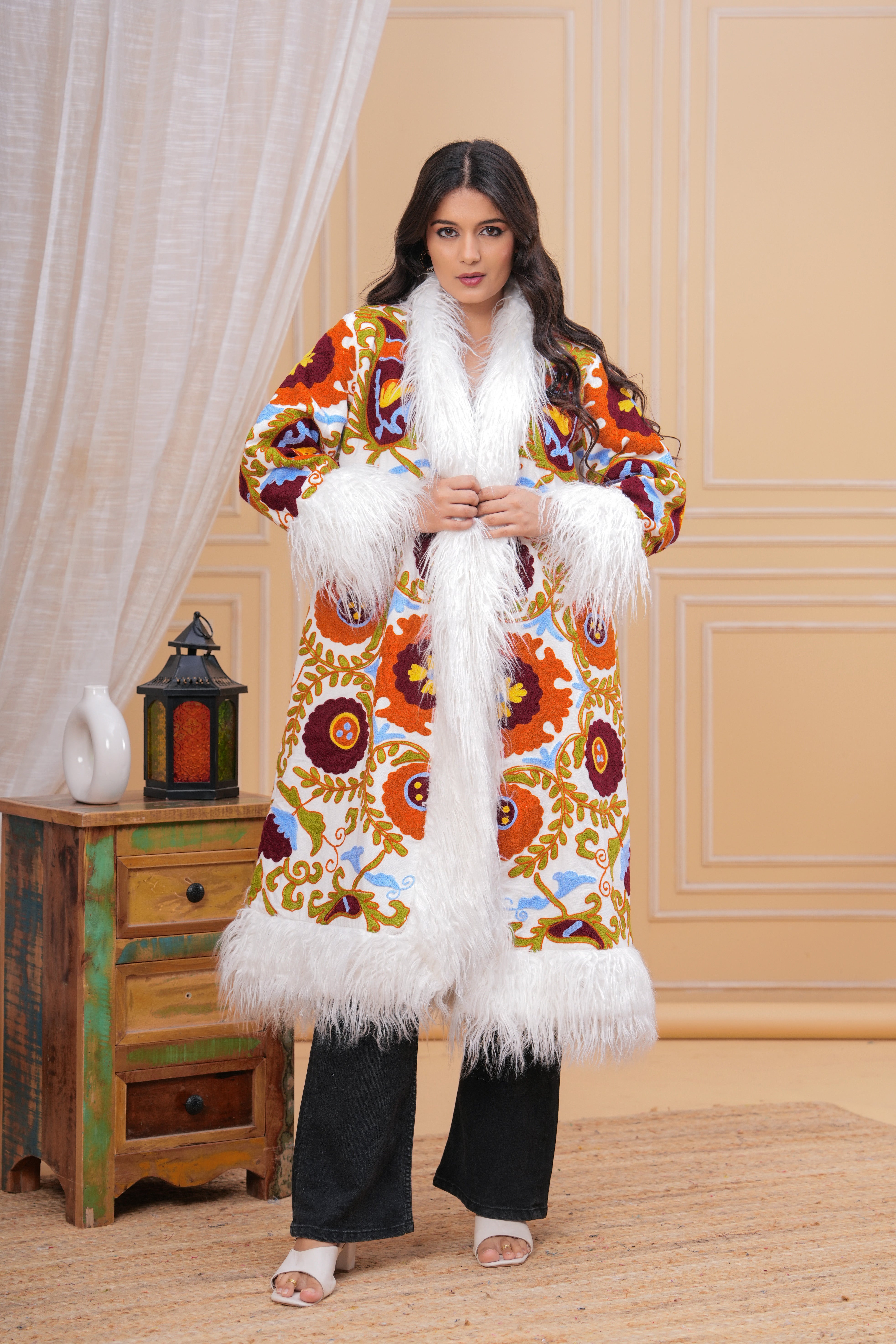 Handmade Sujani Embroidered Jacket with Fur - Floral Festival Coat