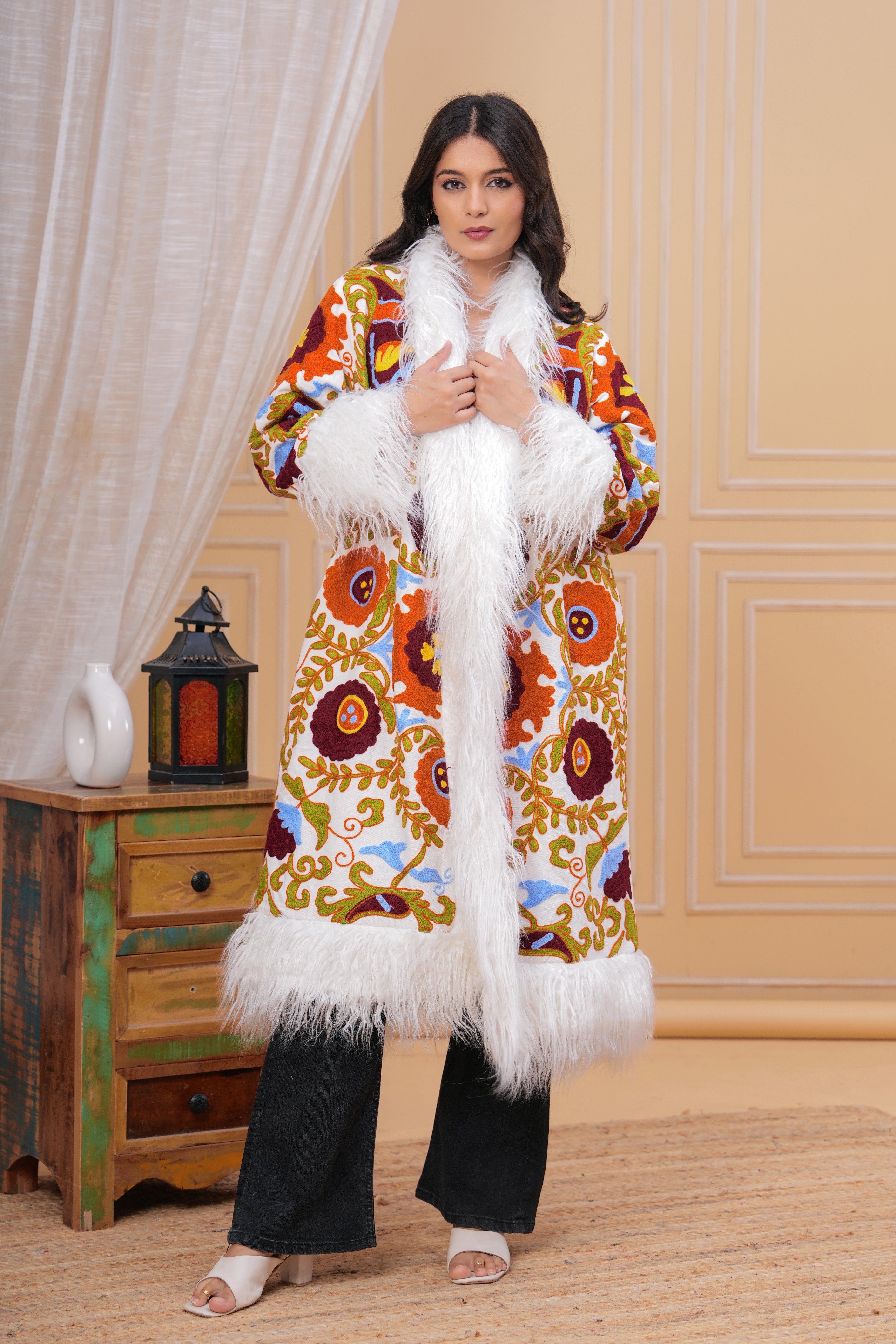 Handmade Sujani Embroidered Jacket with Fur - Floral Festival Coat