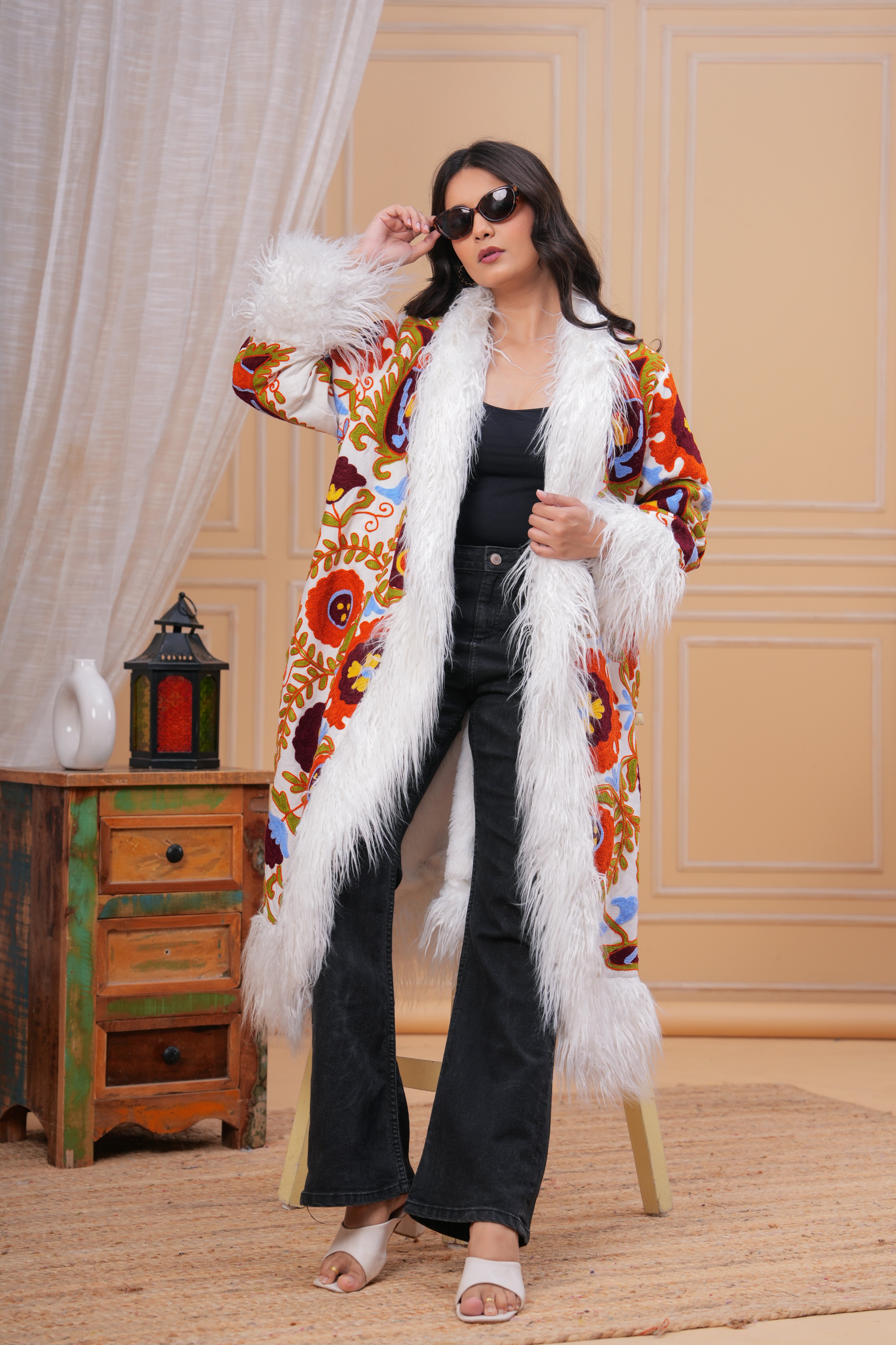 Handmade Sujani Embroidered Jacket with Fur - Floral Festival Coat