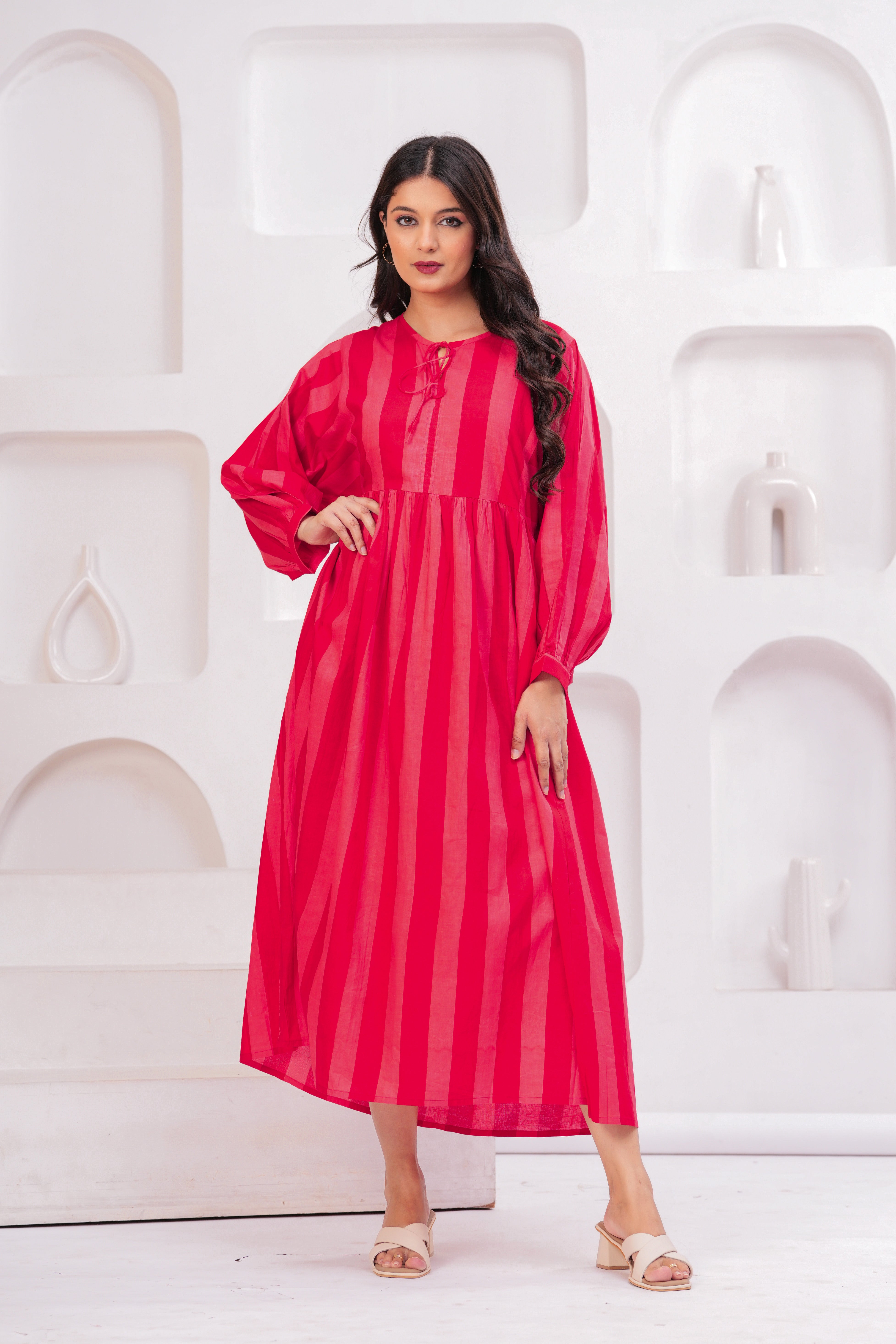 Pink Long Cotton Gown With Heavy Flair