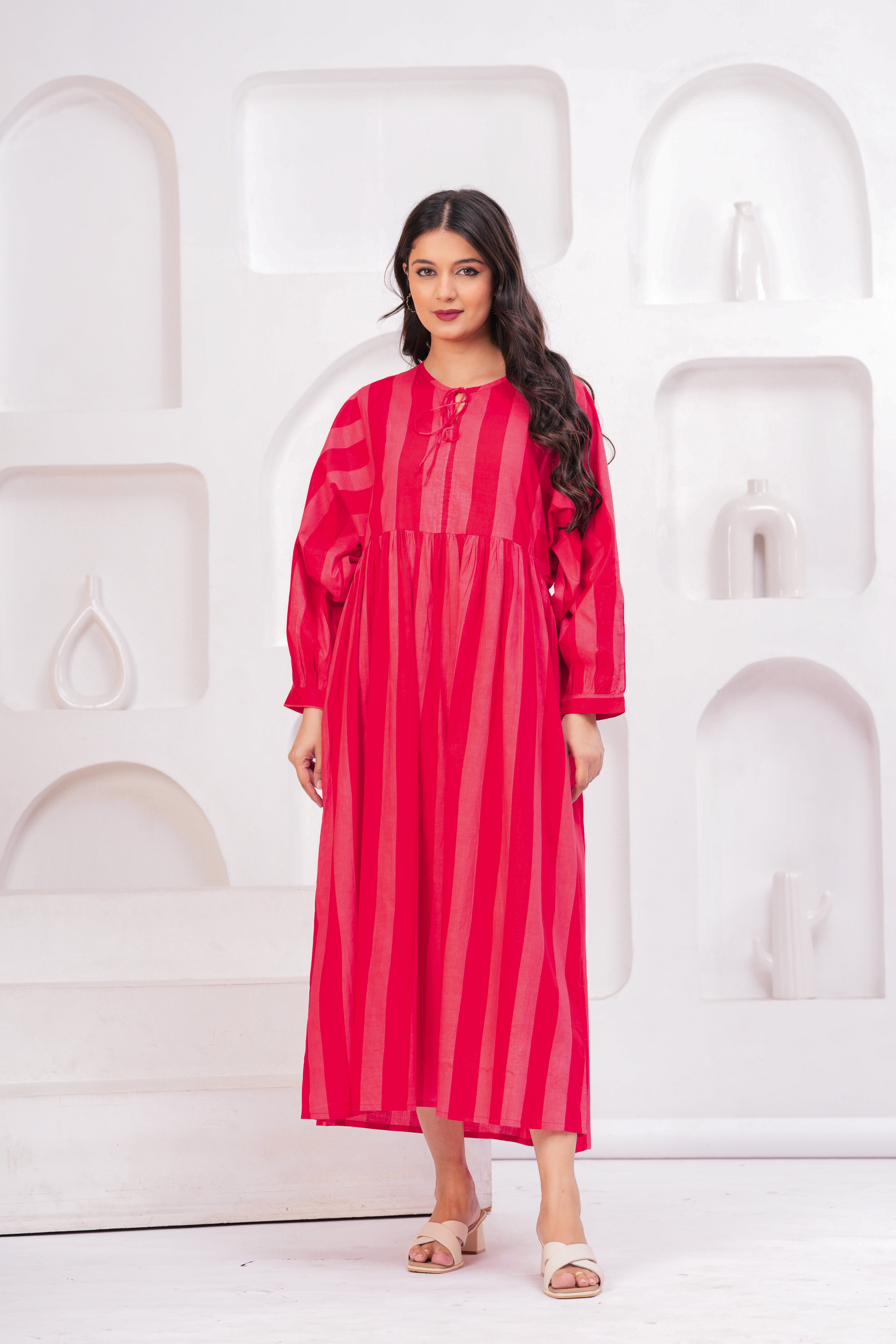 Pink Long Cotton Gown With Heavy Flair