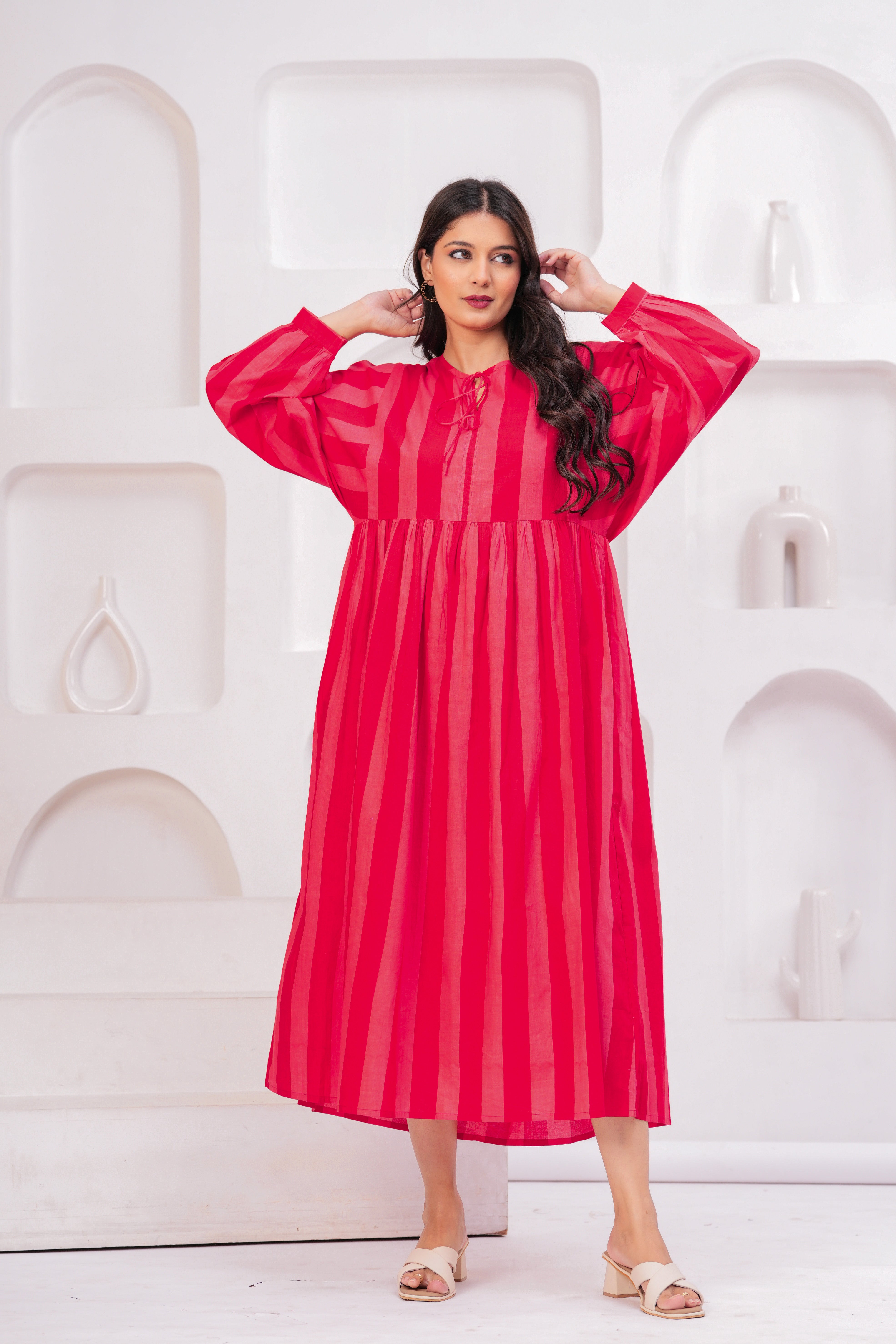 Pink Long Cotton Gown With Heavy Flair