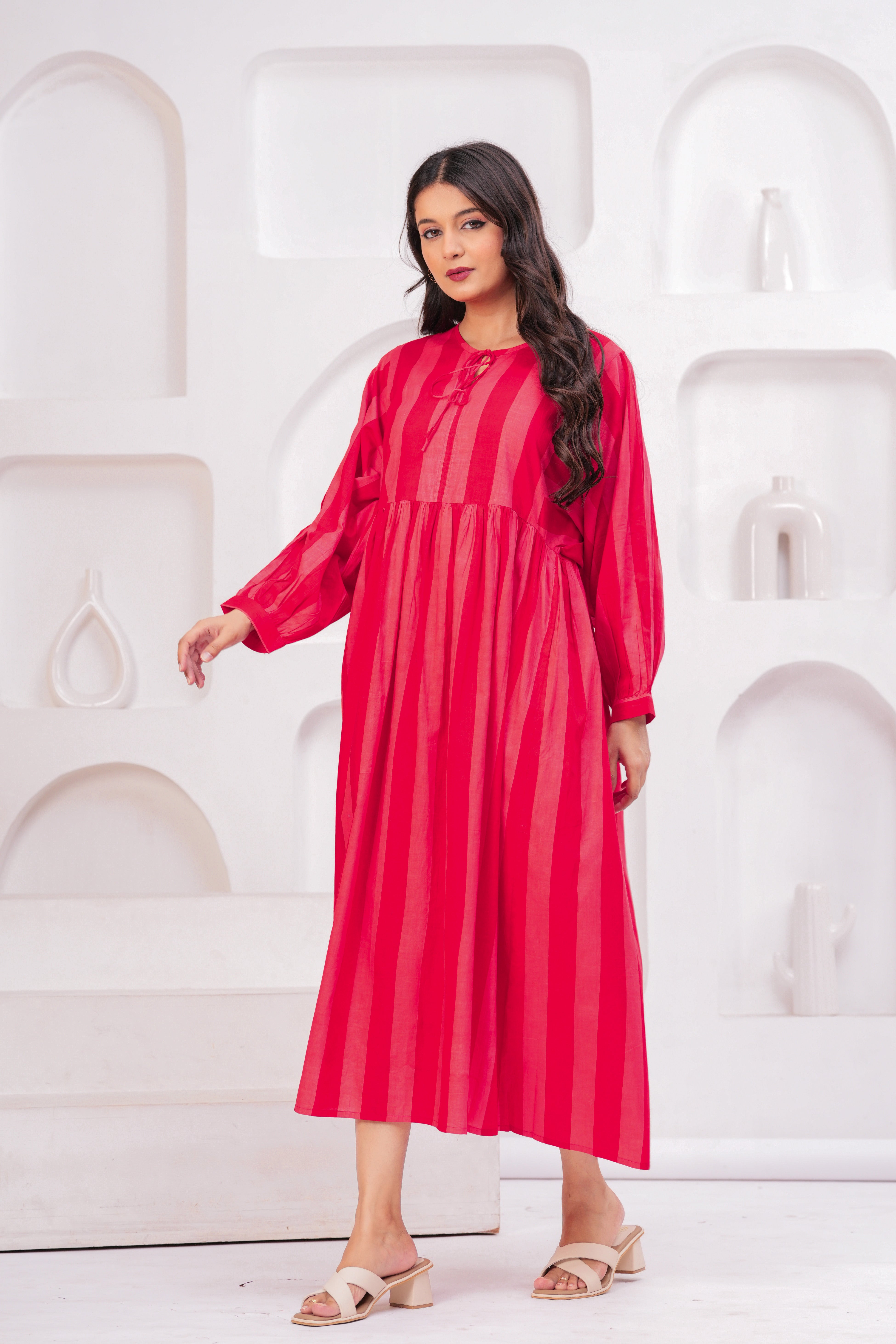 Pink Long Cotton Gown With Heavy Flair