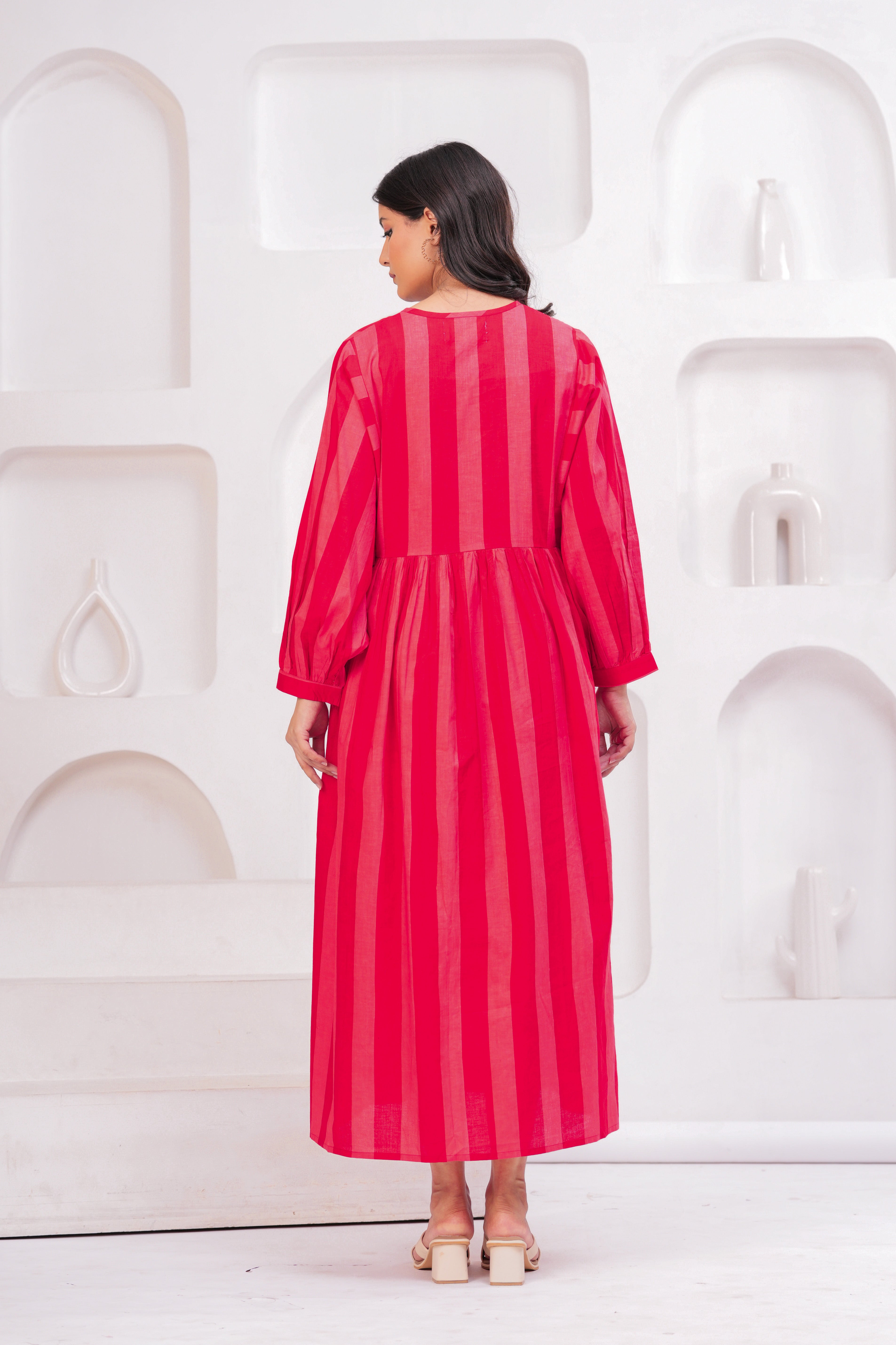 Pink Long Cotton Gown With Heavy Flair