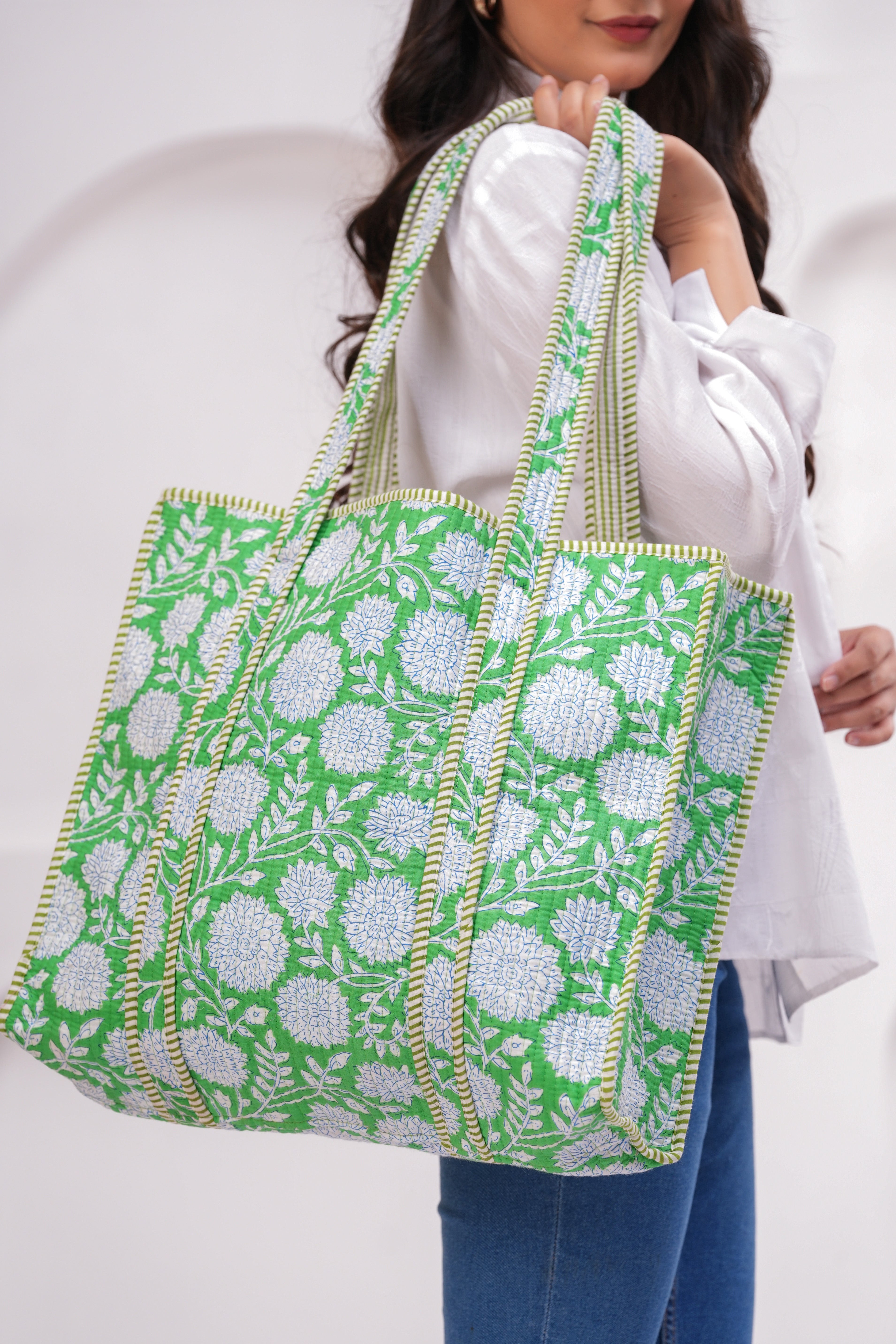 Green & White Quilted Cotton Tote Bag | Handmade Floral Print Shoulder Bag | Eco-Friendly Round Handle Purse for Daily Use