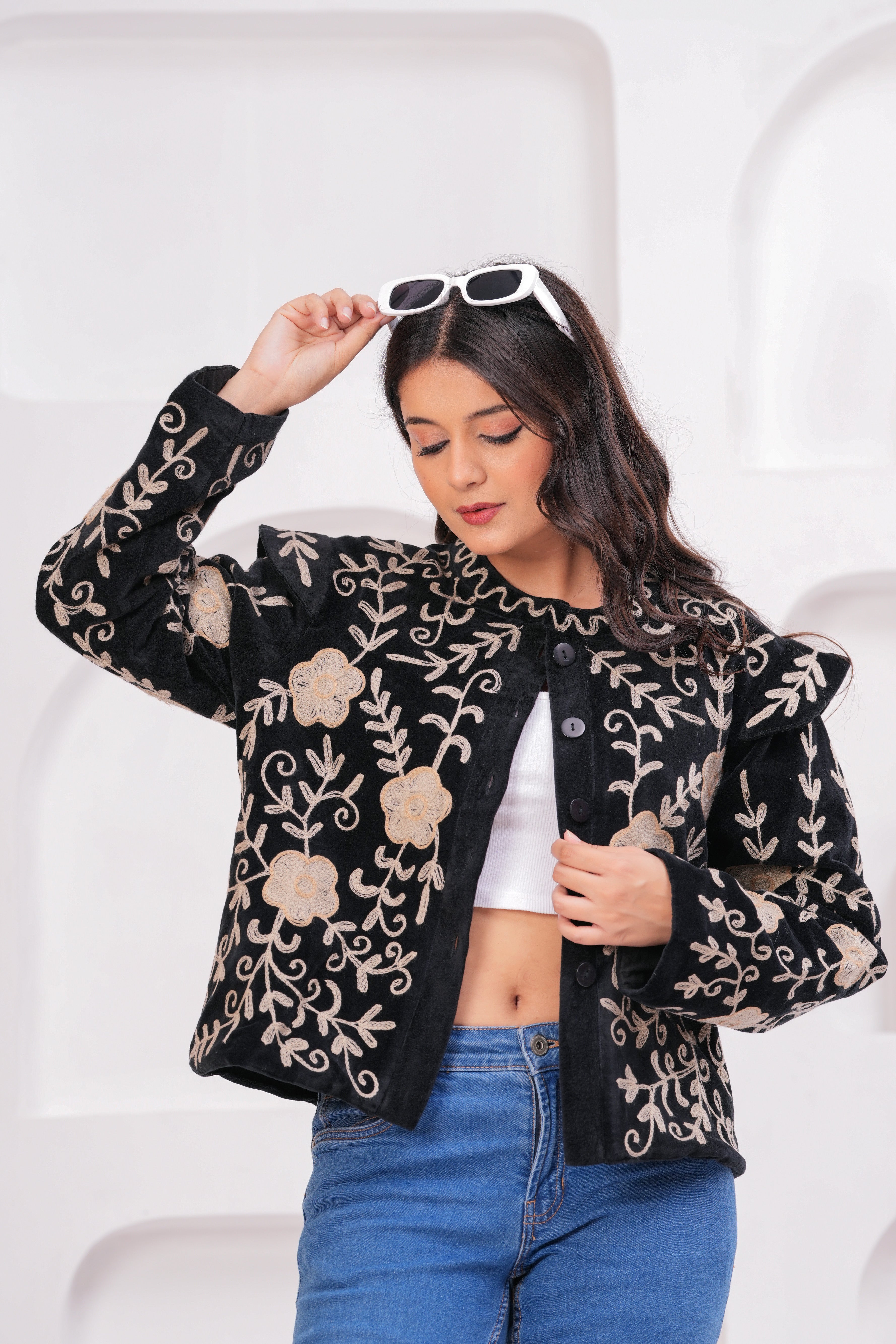 Floral Quilted Cotton Jacket: Black & White