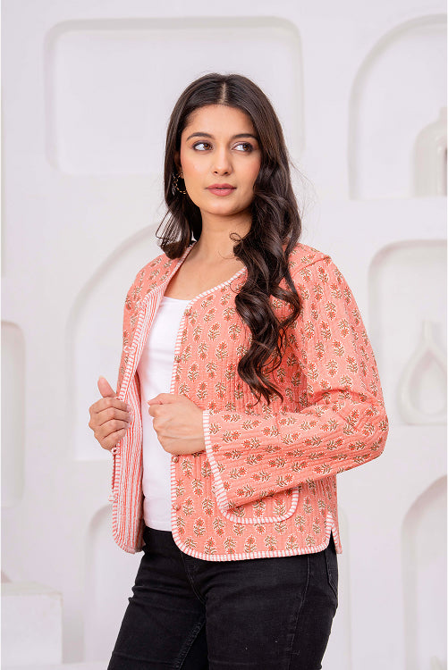 Indian Handmade Peach Floral Print Cotton Jacket