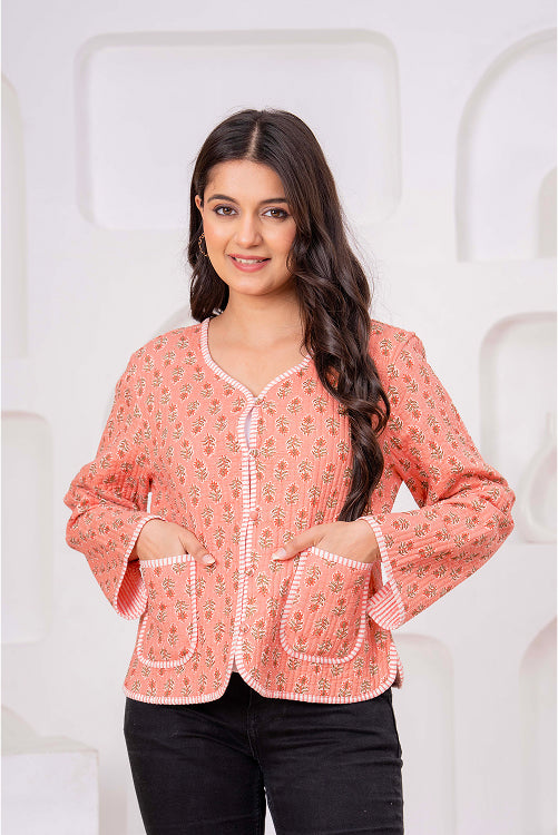 Indian Handmade Peach Floral Print Cotton Jacket
