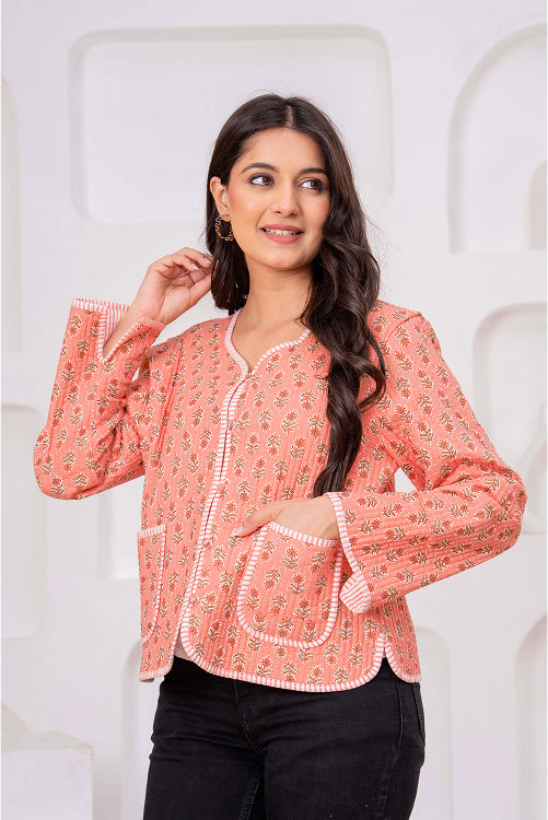 Indian Handmade Peach Floral Print Cotton Jacket