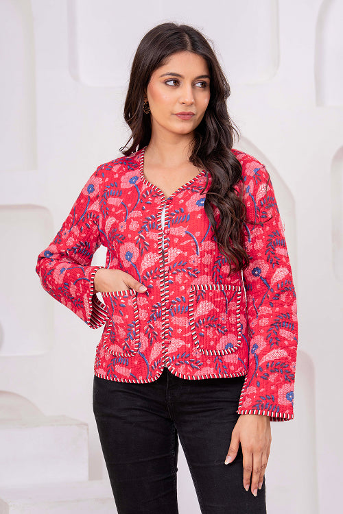 Handmade Red Cotton Quilted Floral Jacket Print Cotton