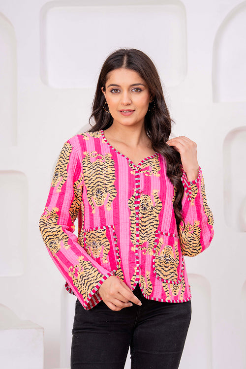 Pink Cotton Reversible Light Weight Quilted Short Jacket