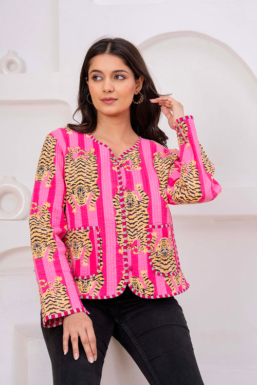 Pink Cotton Reversible Light Weight Quilted Short Jacket