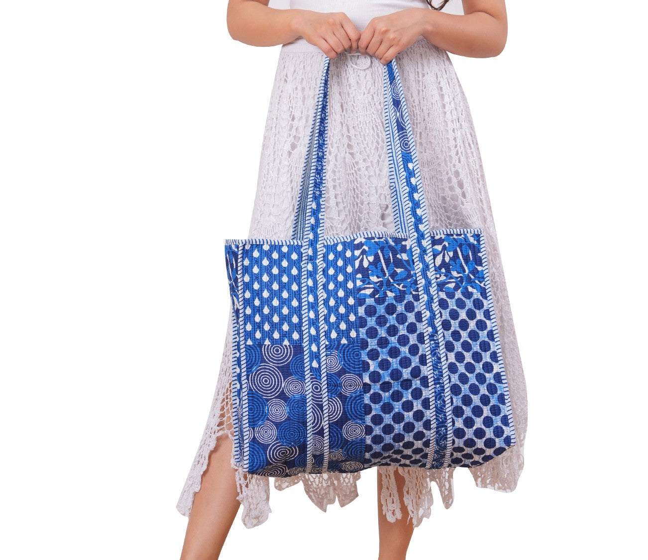 Handmade Blue Cotton Print Tote Bag: Quilted Indian Style