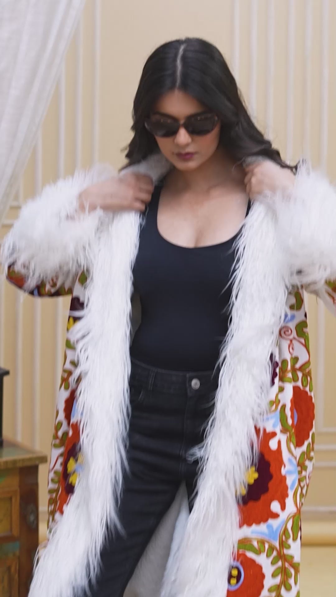 Handmade Sujani Embroidered Jacket with Fur - Floral Festival Coat